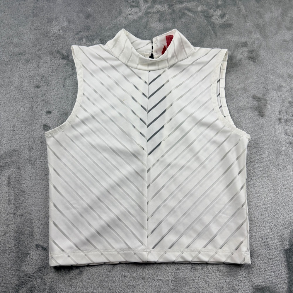 Guess LA Women's XS White Sheer Mesh Stripe Mock Neck Sleeveless Crop Top